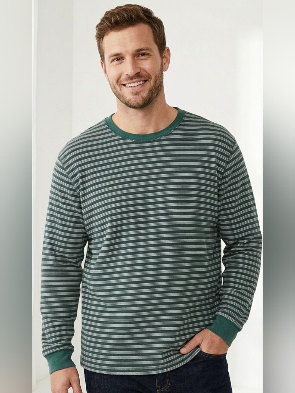 Vintage 90s Old Navy Grunge Knit Striped Sweater - Forest Green & White - XXL